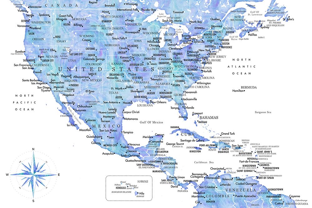 Blue map of USA and the Caribbean sea art print by Rosana Laiz Blursbyai for $57.95 CAD