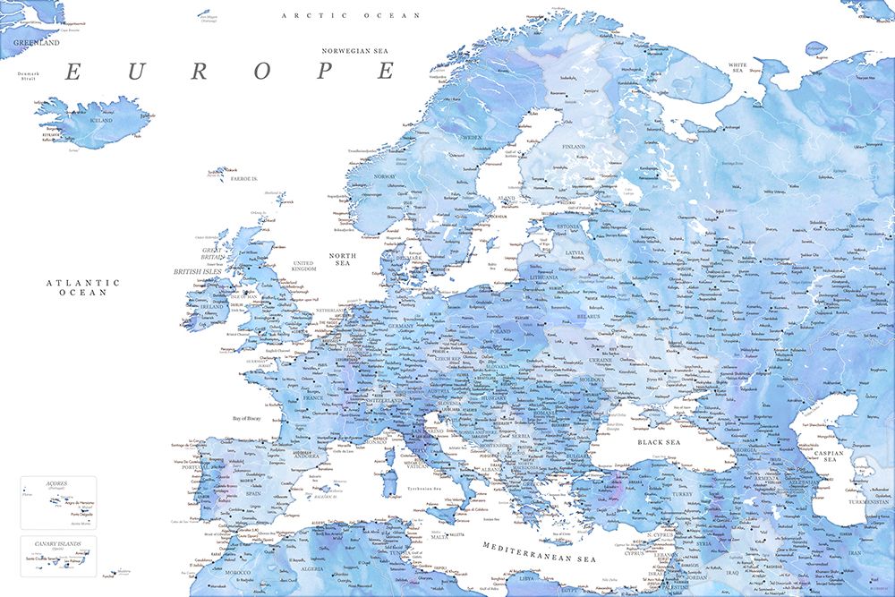 Light blue watercolor detailed map of Europe art print by Rosana Laiz Blursbyai for $57.95 CAD