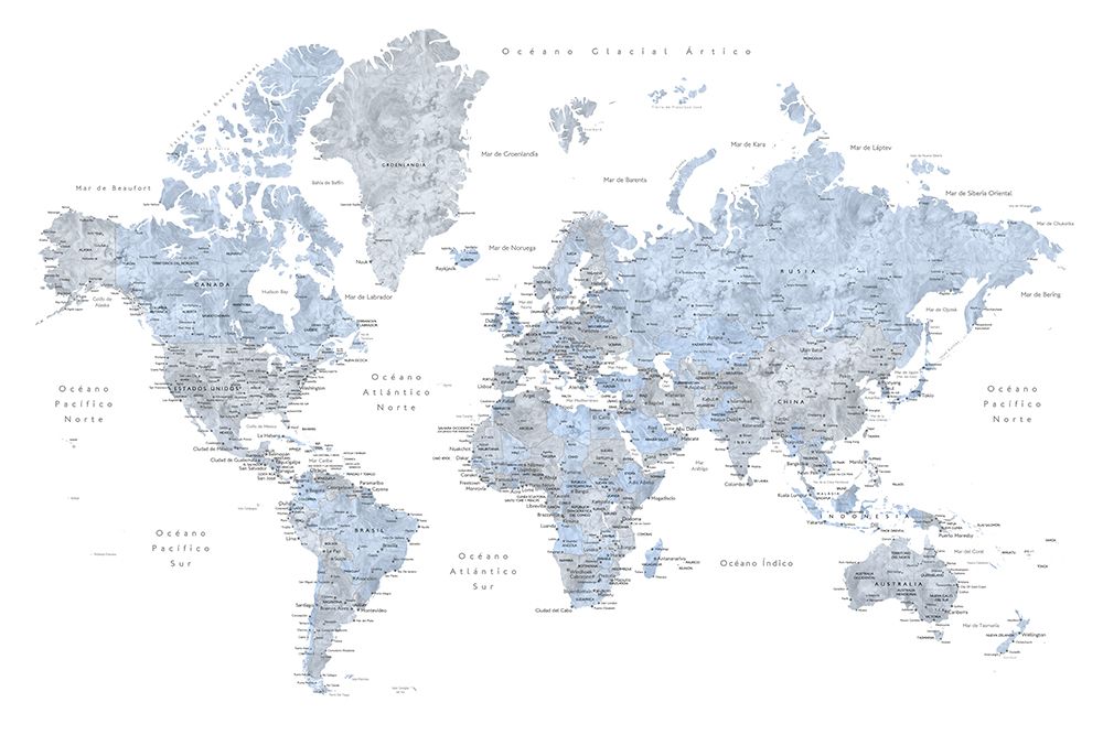 Blue world map in Spanish art print by Rosana Laiz Blursbyai for $57.95 CAD