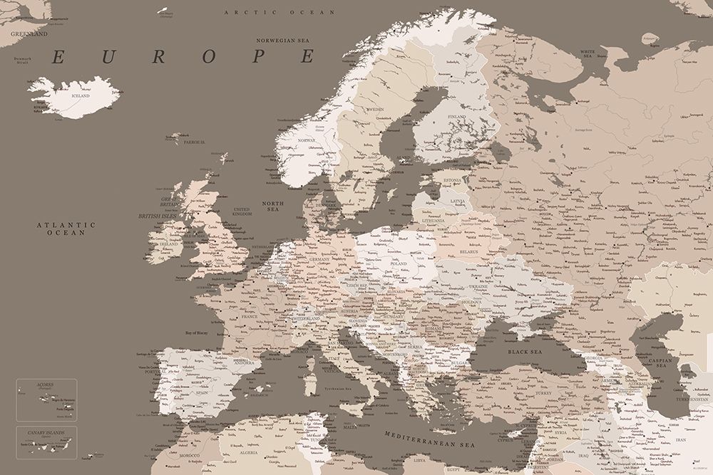 Earth tones detailed map of Europe art print by Rosana Laiz Blursbyai for $57.95 CAD
