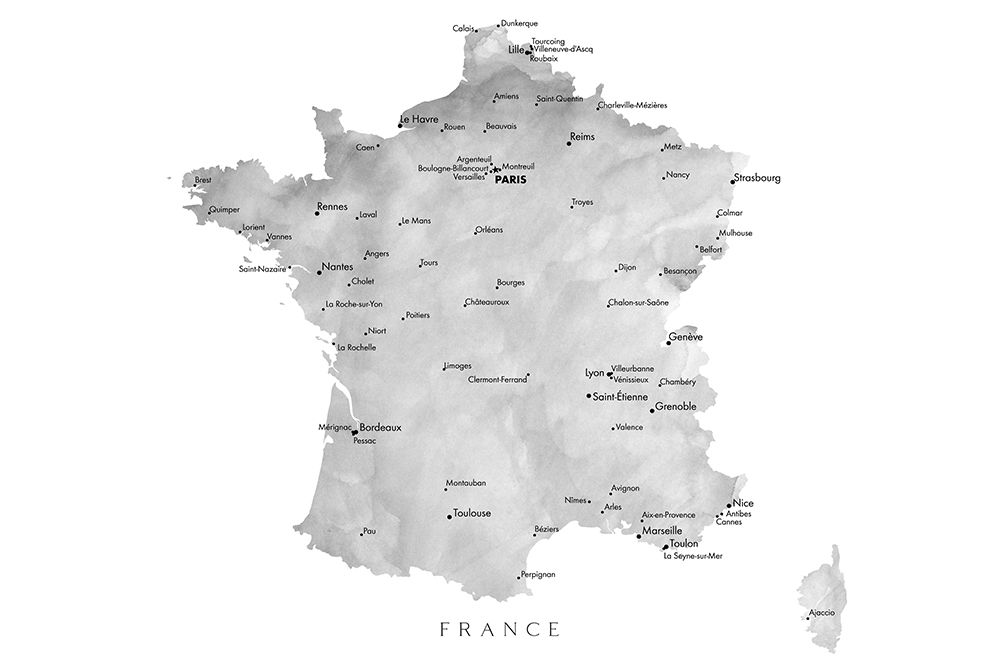 Gray map of France art print by Rosana Laiz Blursbyai for $57.95 CAD