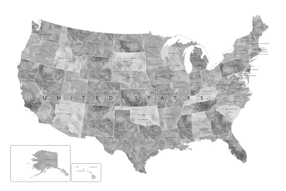Gray watercolor map of the US art print by Rosana Laiz Blursbyai for $57.95 CAD