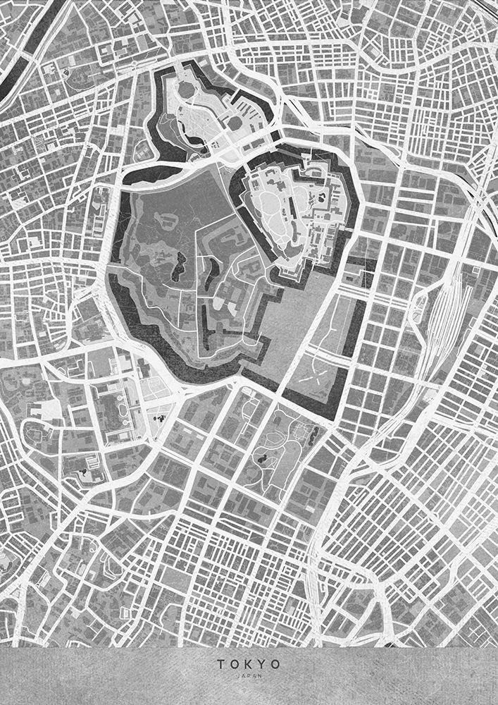 Gray vintage map of Tokyo art print by Rosana Laiz Blursbyai for $57.95 CAD