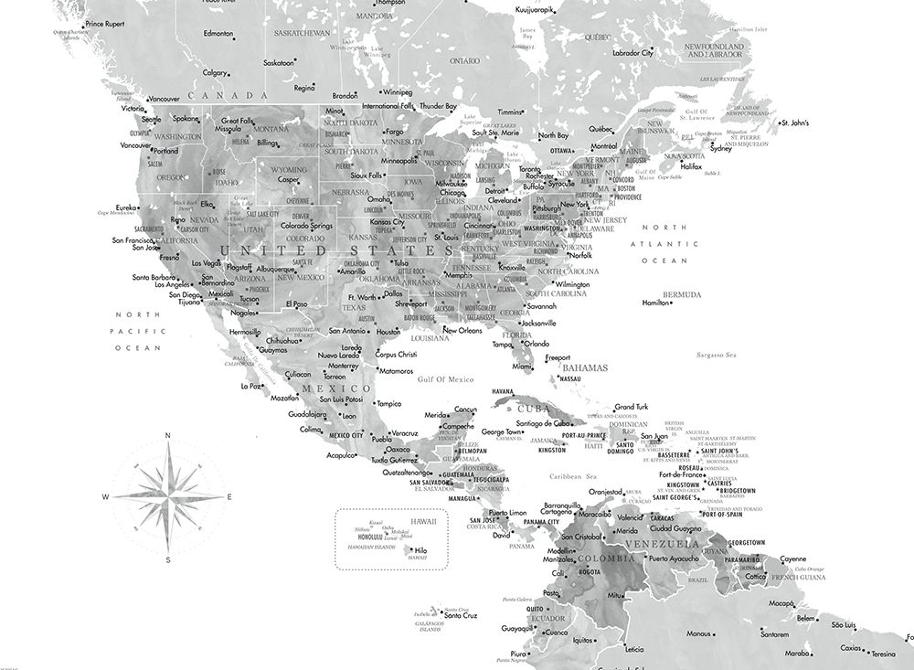 Gray map of USA and the Caribbean sea art print by Rosana Laiz Blursbyai for $57.95 CAD