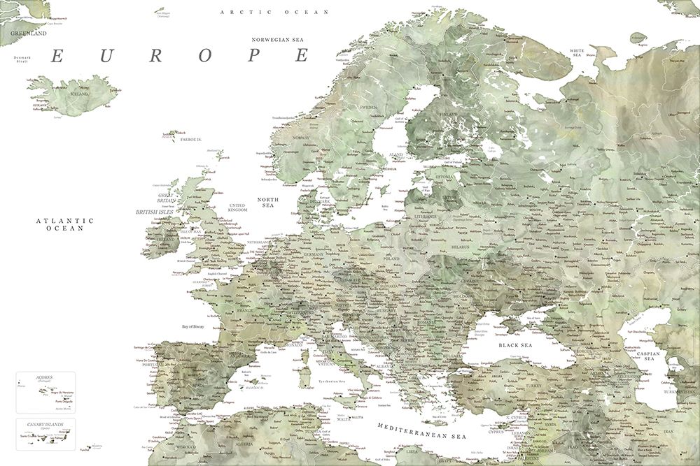 Green detailed map of Europe art print by Rosana Laiz Blursbyai for $57.95 CAD