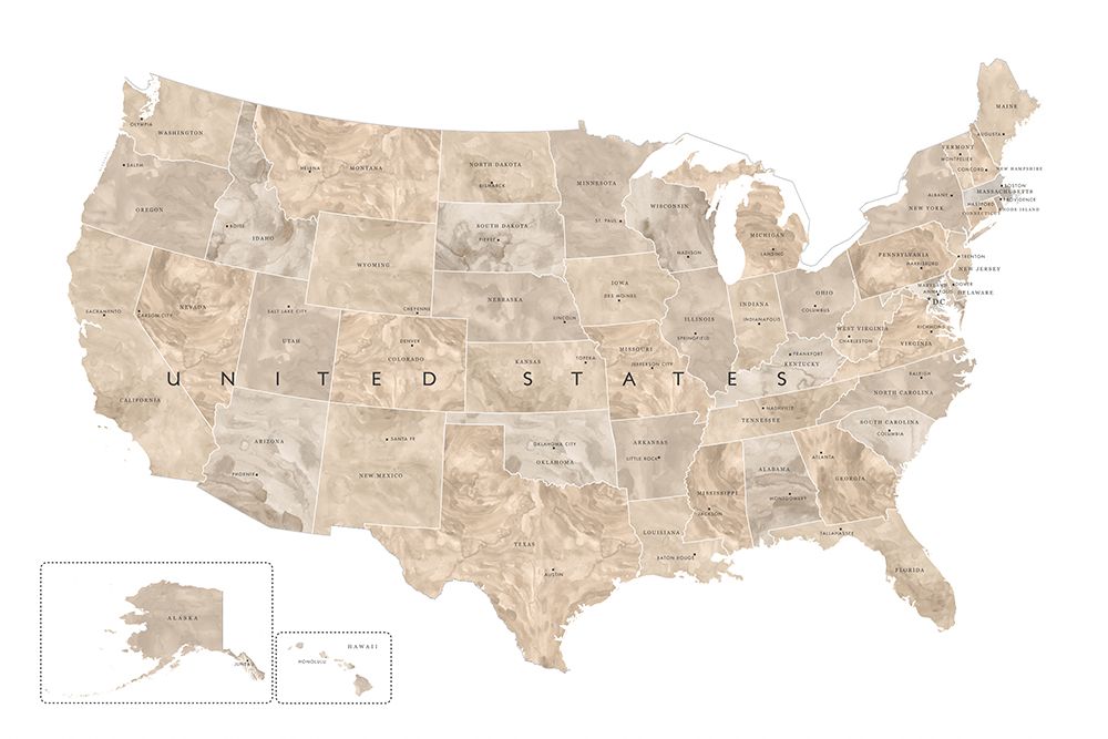 Taupe watercolor US map art print by Rosana Laiz Blursbyai for $57.95 CAD