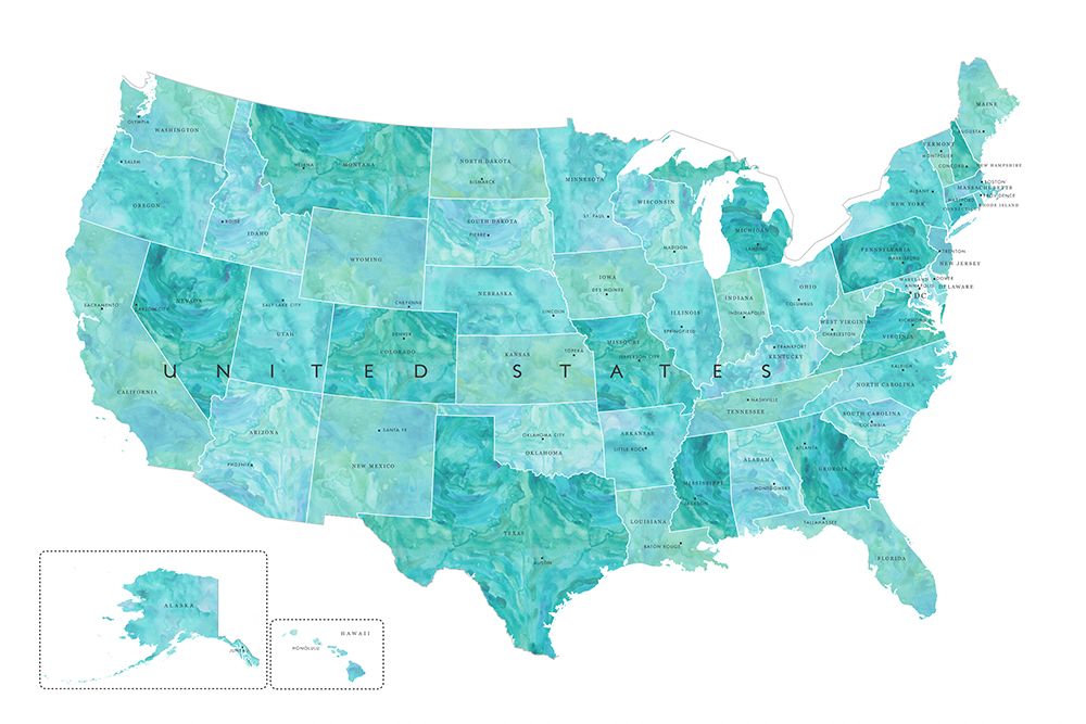 Aquamarine watercolor US map art print by Rosana Laiz Blursbyai for $57.95 CAD