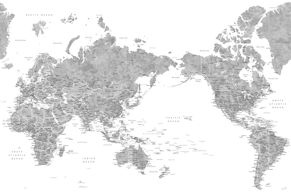Pacific centered world map in gray watercolor art print by Rosana Laiz Blursbyai for $57.95 CAD