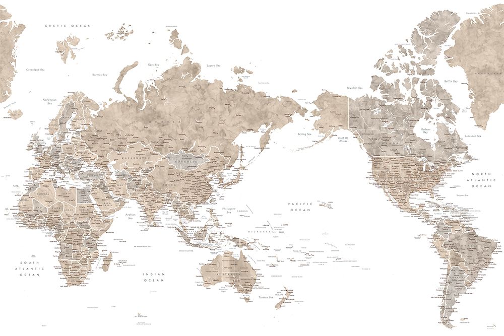 Pacific centered world map in taupe art print by Rosana Laiz Blursbyai for $57.95 CAD