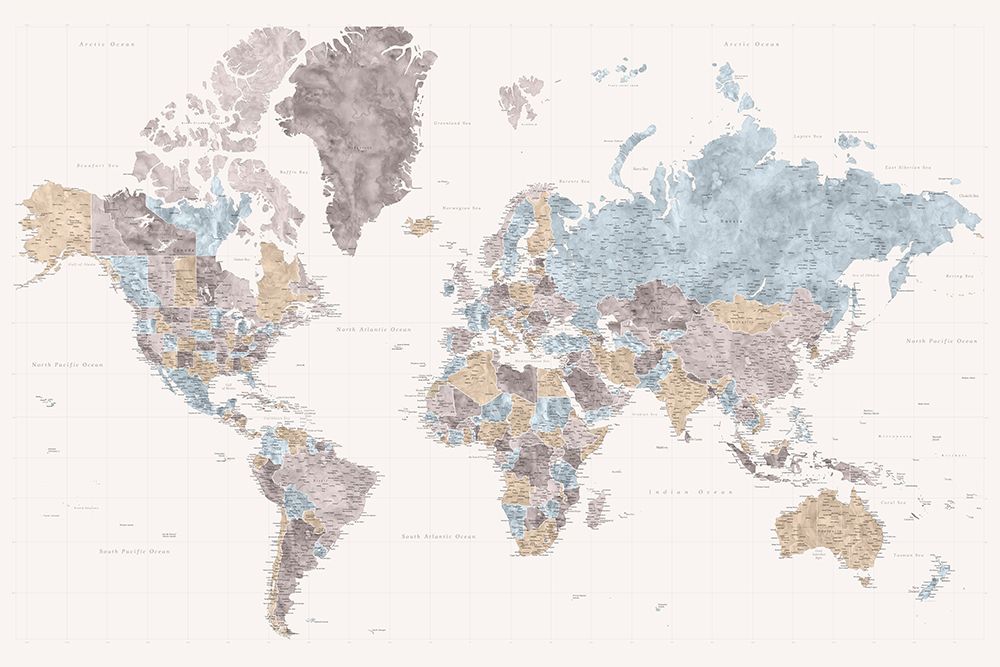 Mahler highly detailed world map with cities art print by Rosana Laiz Blursbyai for $57.95 CAD