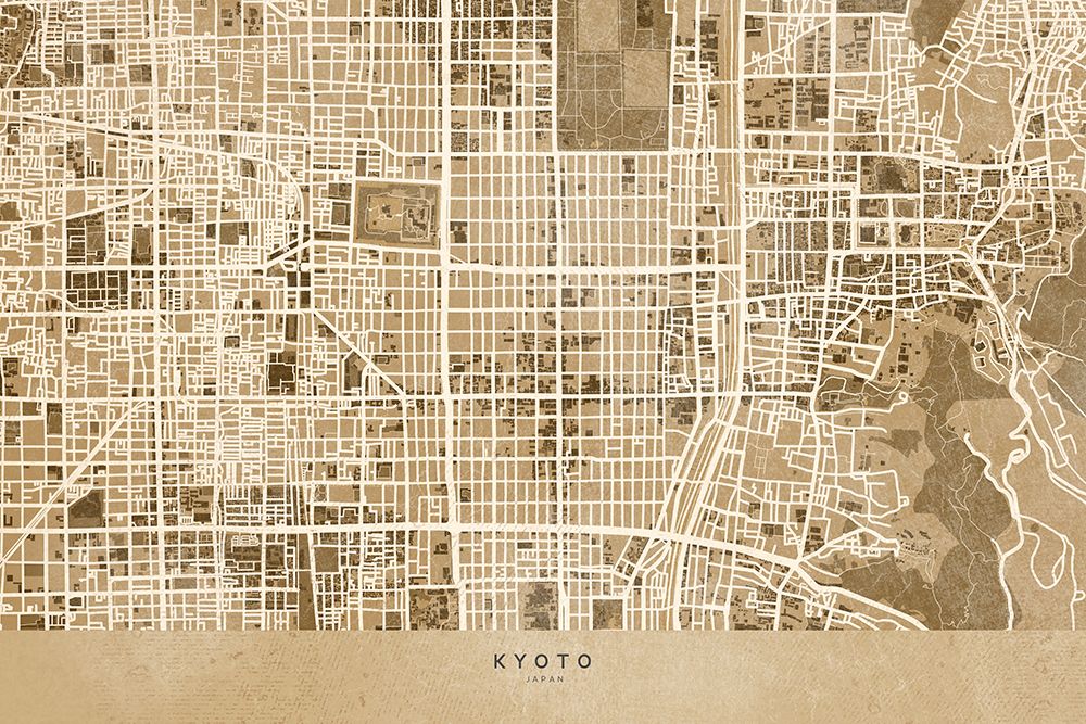 Sepia map of Kyoto art print by Rosana Laiz Blursbyai for $57.95 CAD
