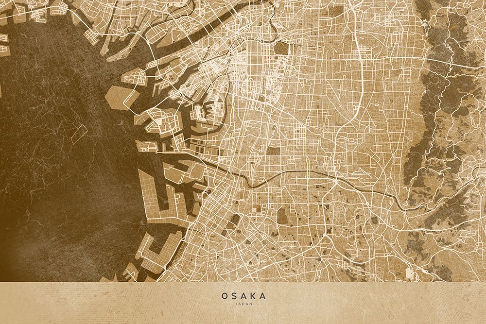 Sepia map of Osaka art print by Rosana Laiz Blursbyai for $57.95 CAD