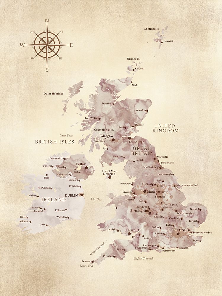 Sepia map of the United Kingdom art print by Rosana Laiz Blursbyai for $57.95 CAD