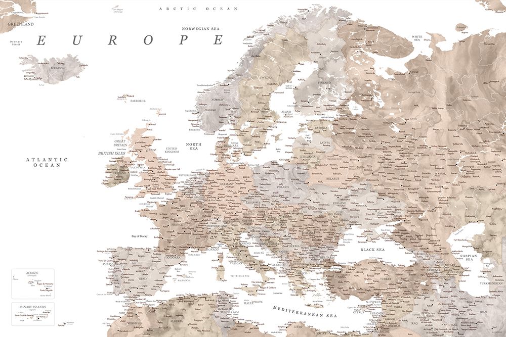 Taupe detailed map of Europe art print by Rosana Laiz Blursbyai for $57.95 CAD