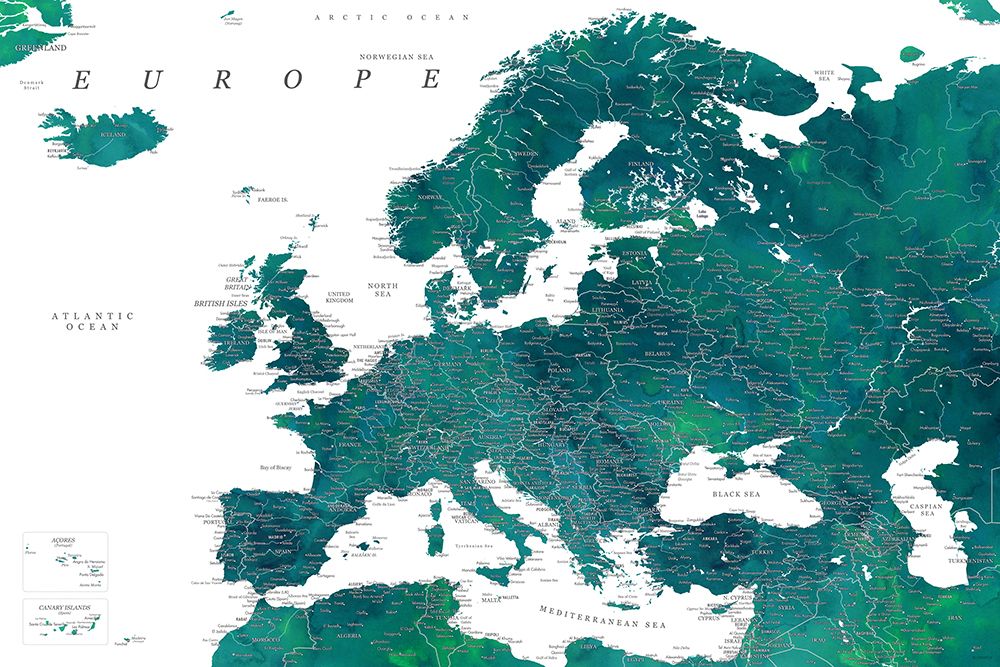 Teal detailed map of Europe art print by Rosana Laiz Blursbyai for $57.95 CAD