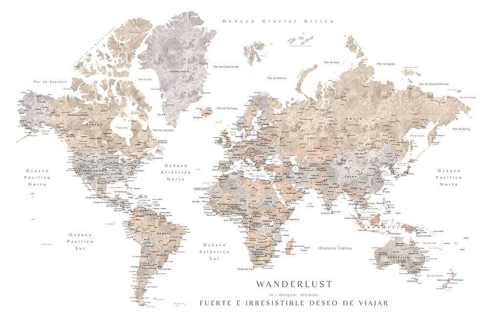 Wanderlust world map in spanish art print by Rosana Laiz Blursbyai for $57.95 CAD