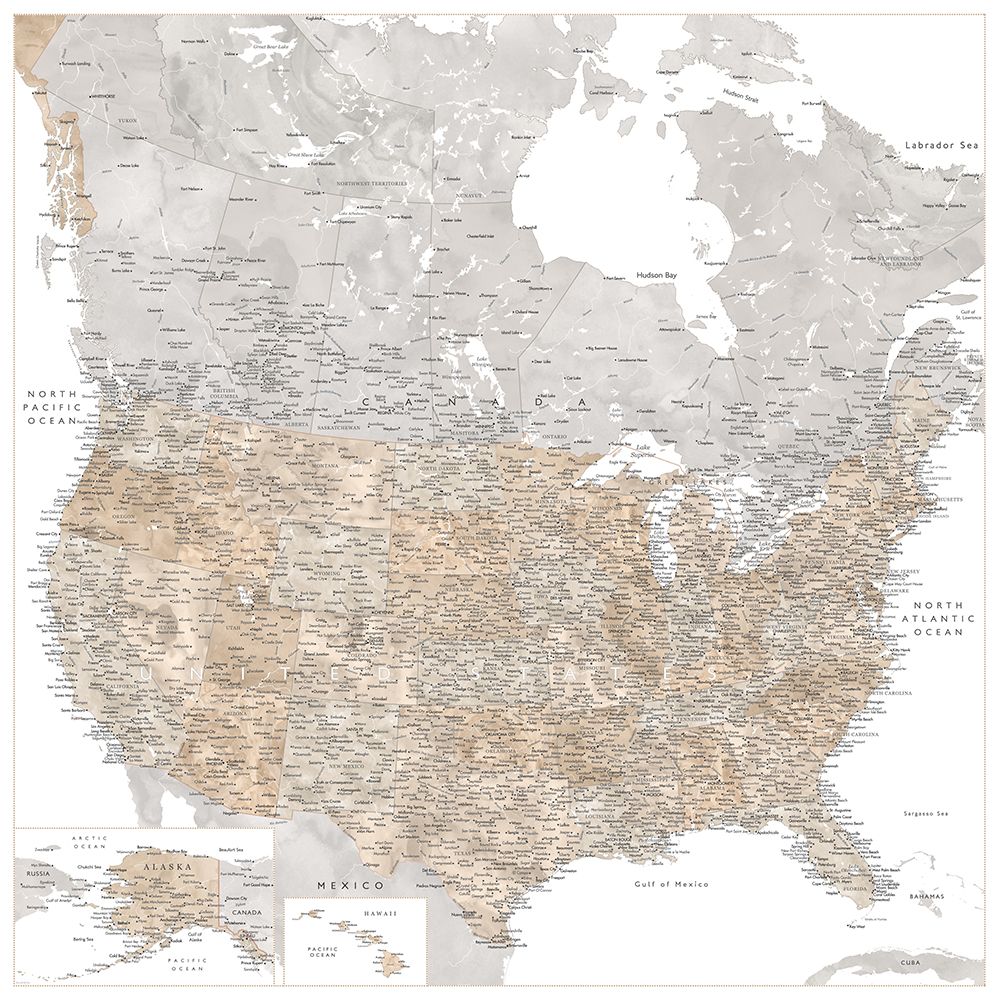 Highly detailed map of the United States and Canada art print by Rosana Laiz Blursbyai for $57.95 CAD