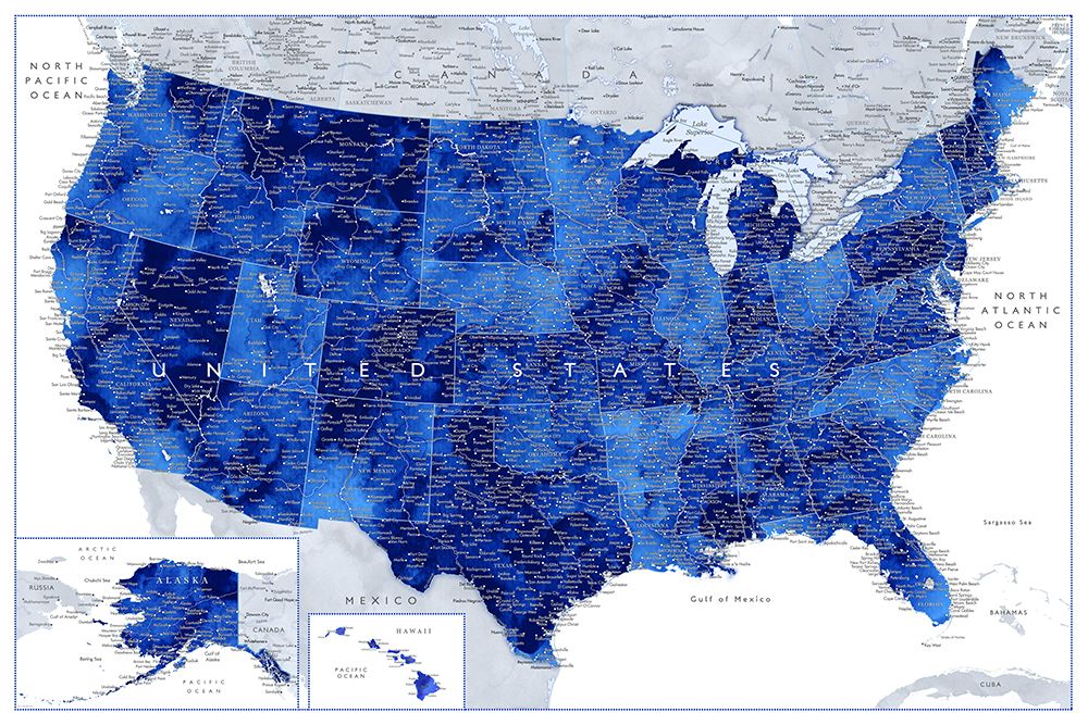 Highly detailed map of the United States, Gulzar art print by Rosana Laiz Blursbyai for $57.95 CAD
