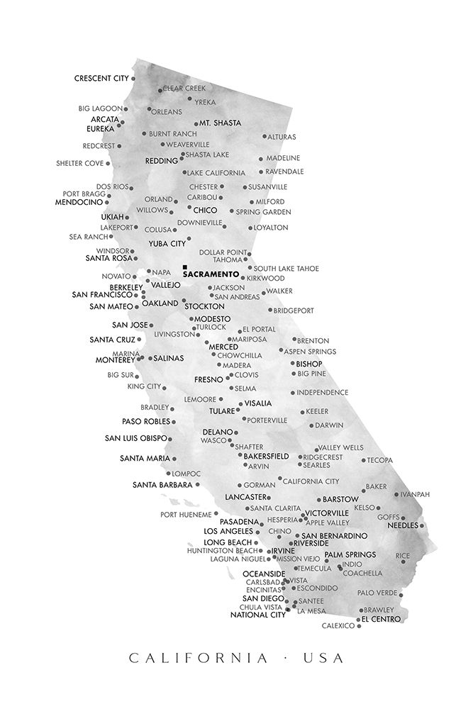 Grayscale watercolor map of California with cities art print by Rosana Laiz Blursbyai for $57.95 CAD