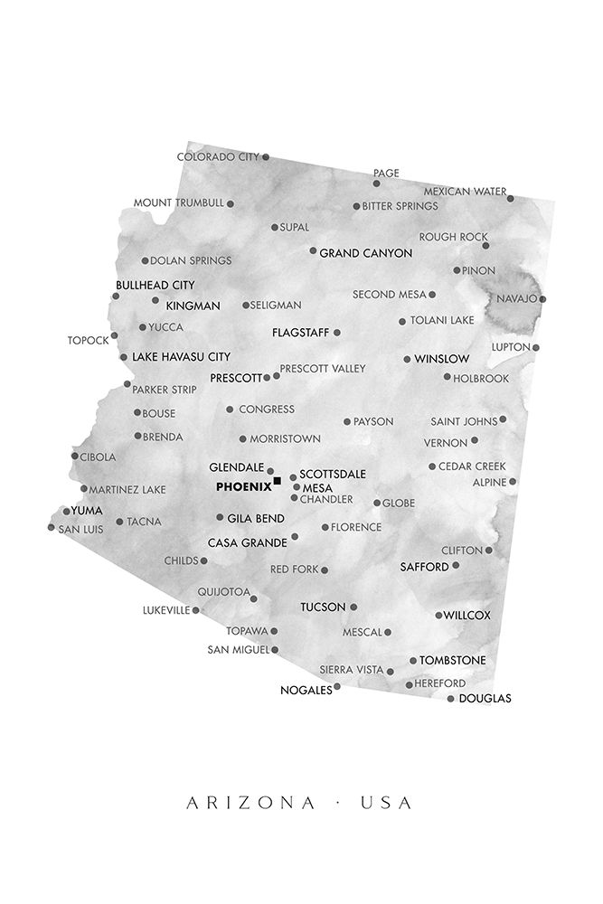 Grayscale watercolor map of Arizona, USA art print by Rosana Laiz Blursbyai for $57.95 CAD