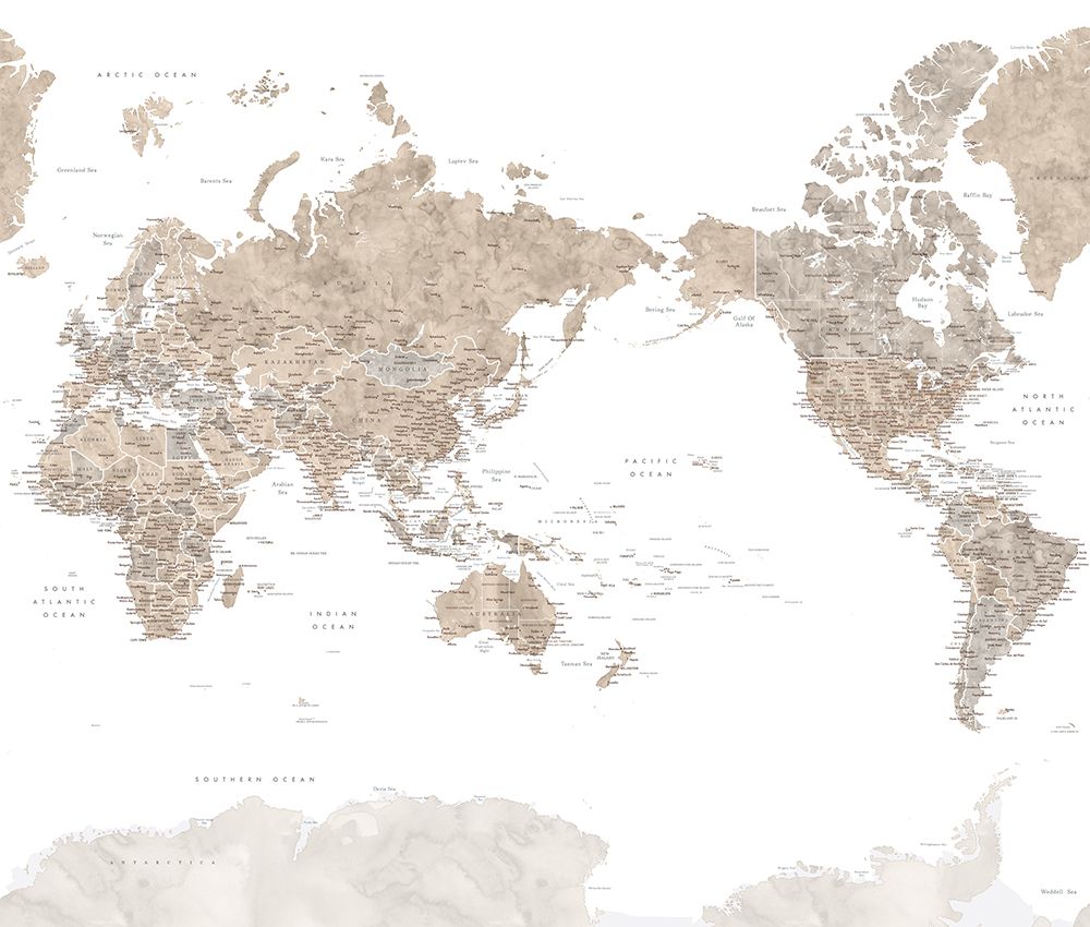 Pacific-centered world map with cities, Abey art print by Rosana Laiz Blursbyai for $57.95 CAD
