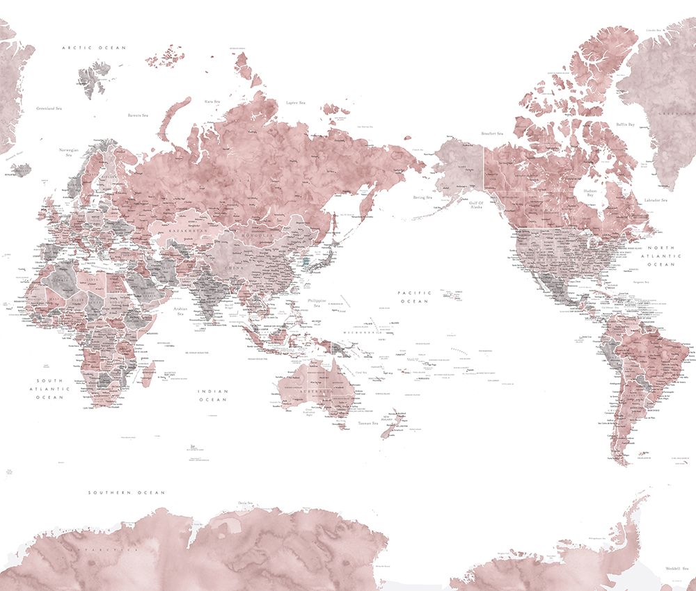 Pacific-centered world map with cities, Piper art print by Rosana Laiz Blursbyai for $57.95 CAD