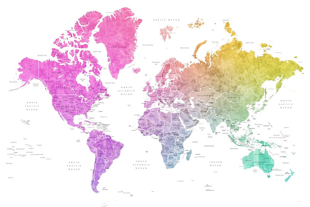 Watercolor world map with countries, Leo art print by Rosana Laiz Blursbyai for $57.95 CAD