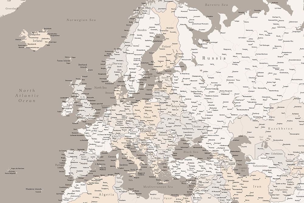 High detail map of Europe in neutrals art print by Rosana Laiz Blursbyai for $57.95 CAD