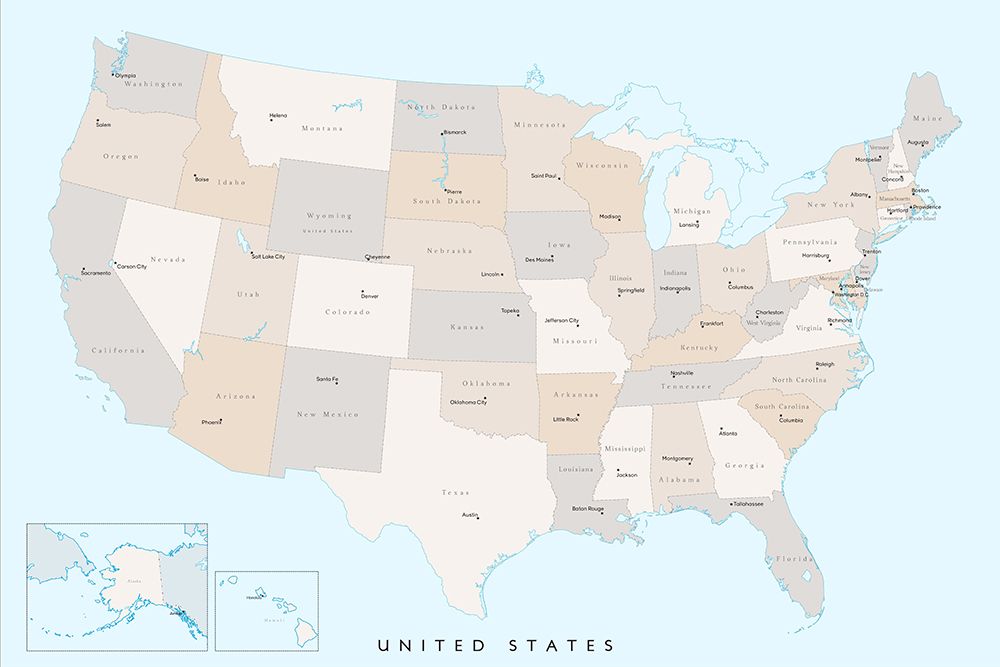 Isolated map of the United States with States and State capitals art print by Rosana Laiz Blursbyai for $57.95 CAD