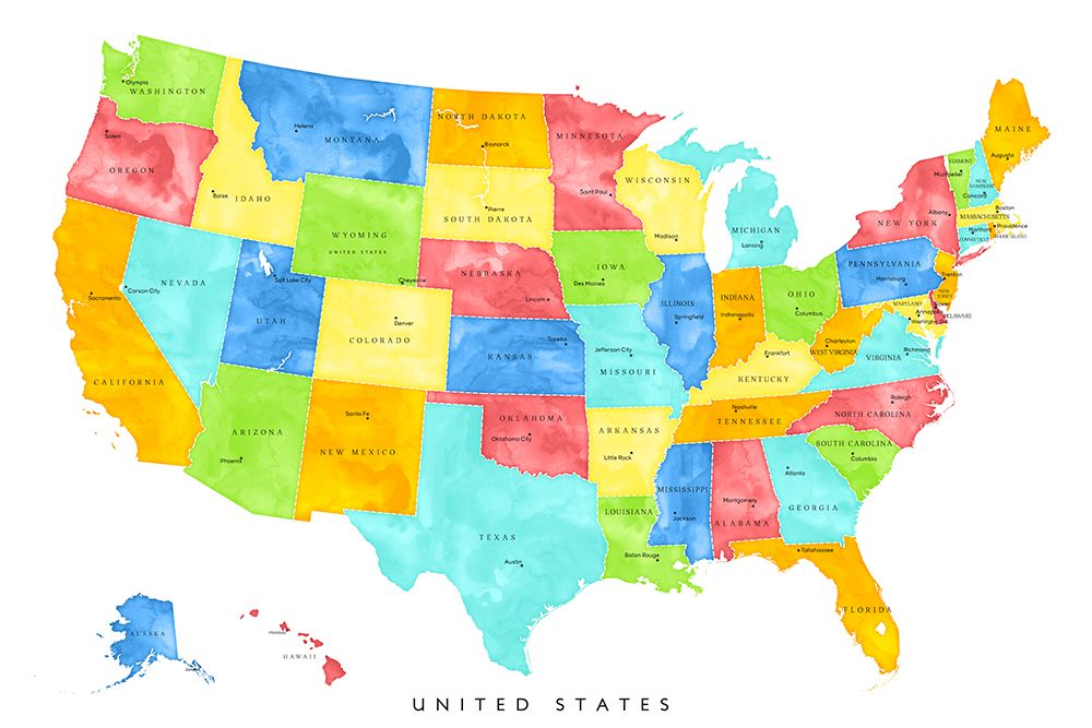 Colorful map of the United States with States and State capitals art print by Rosana Laiz Blursbyai for $57.95 CAD