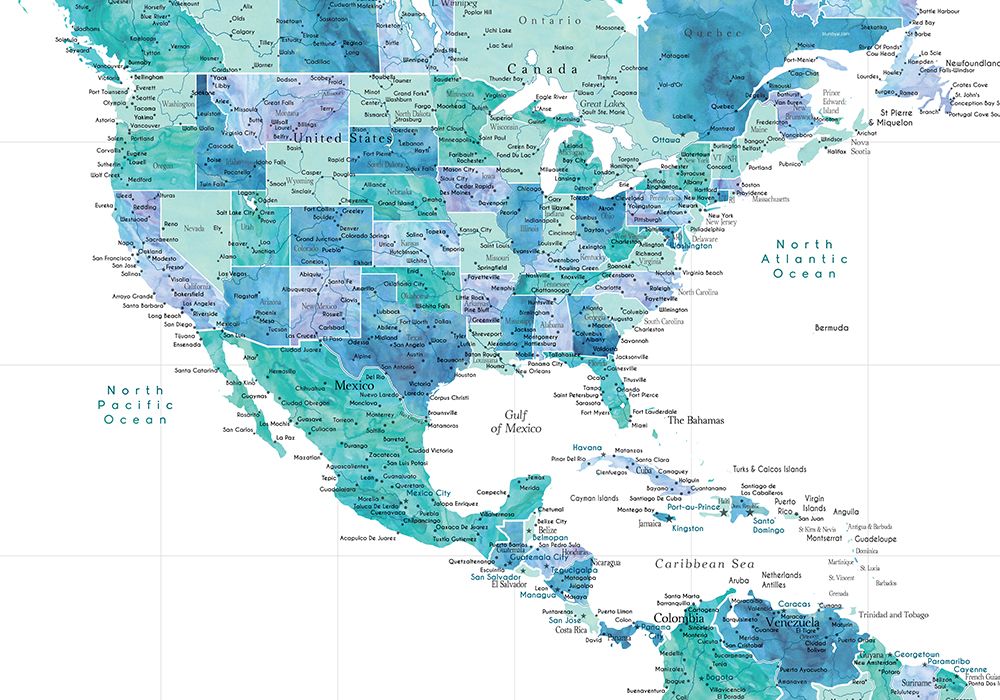 Aqua map of the United States and the Caribbean sea art print by Rosana Laiz Blursbyai for $57.95 CAD