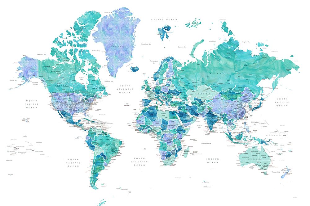 Detailed world map with cities, Caribbean waters art print by Rosana Laiz Blursbyai for $57.95 CAD