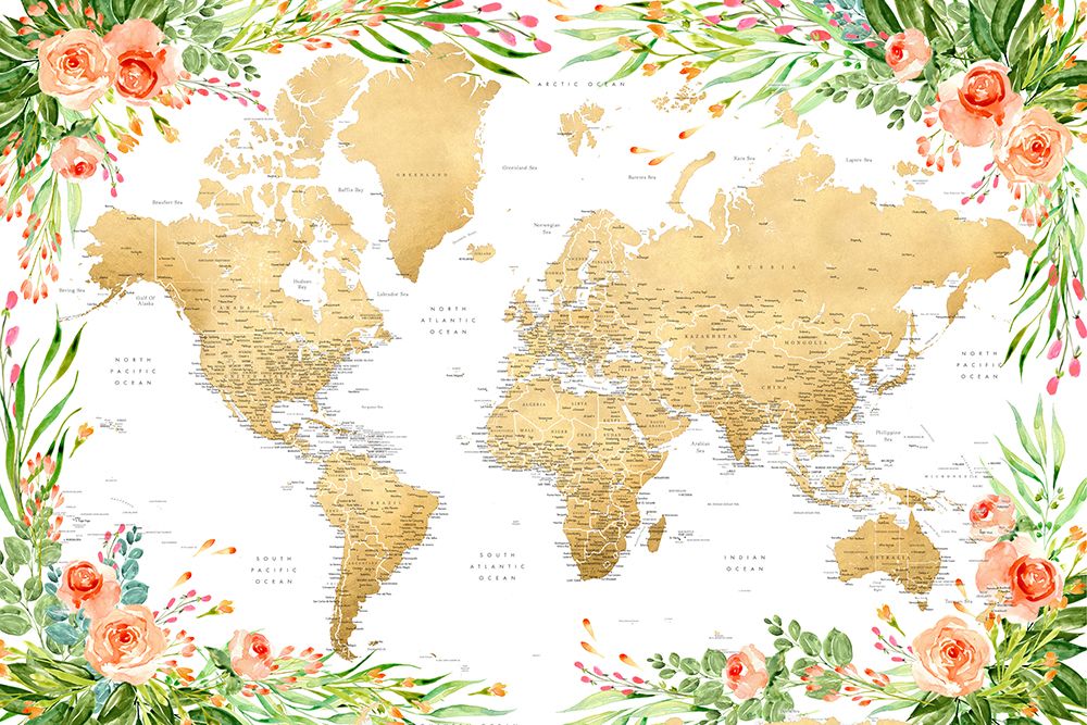 Floral bohemian world map with cities, Blythe art print by Rosana Laiz Blursbyai for $57.95 CAD