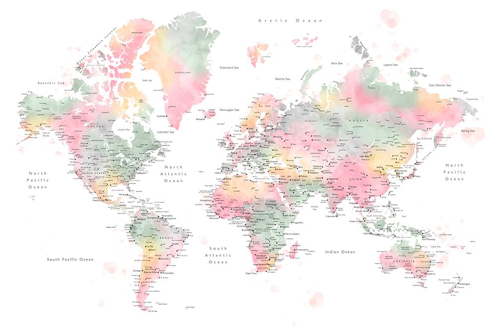 Pastel watercolor world map with cities, Anjah art print by Rosana Laiz Blursbyai for $57.95 CAD