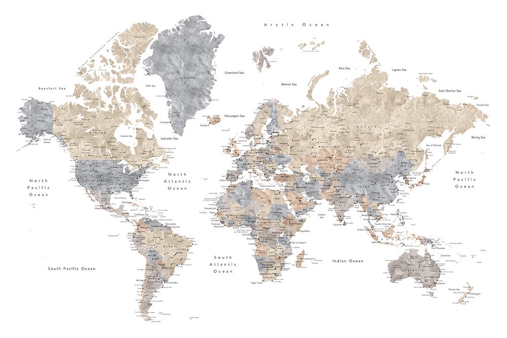 Watercolor world map with cities, Gouri art print by Rosana Laiz Blursbyai for $57.95 CAD
