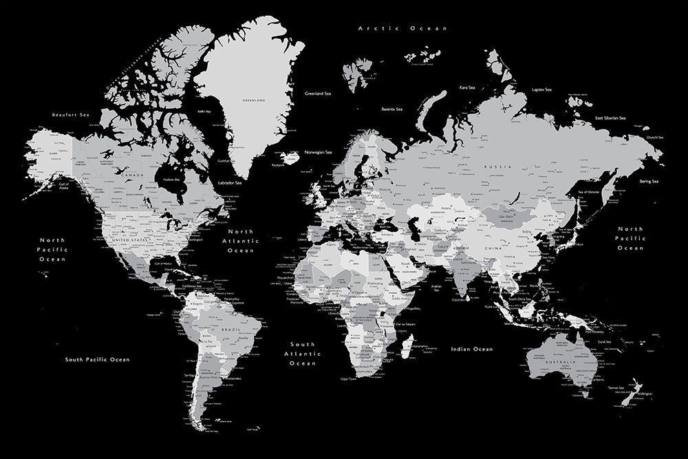 Gray world map with cities, Joseph art print by Rosana Laiz Blursbyai for $57.95 CAD