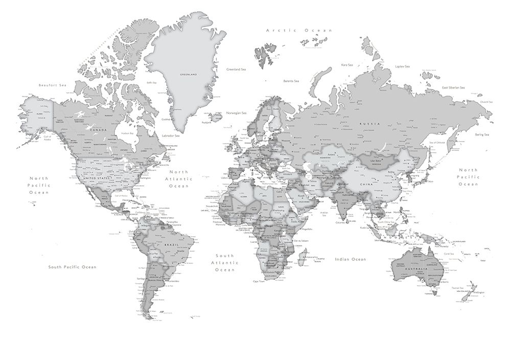 Gray world map with cities, Chas art print by Rosana Laiz Blursbyai for $57.95 CAD