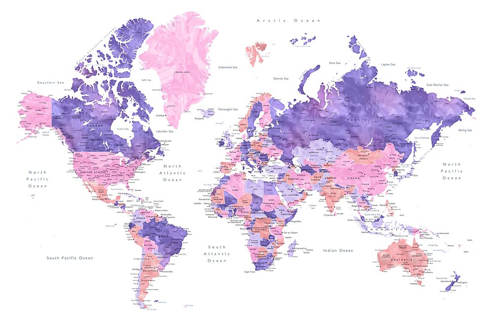 Watercolor world map with cities, Brandie art print by Rosana Laiz Blursbyai for $57.95 CAD