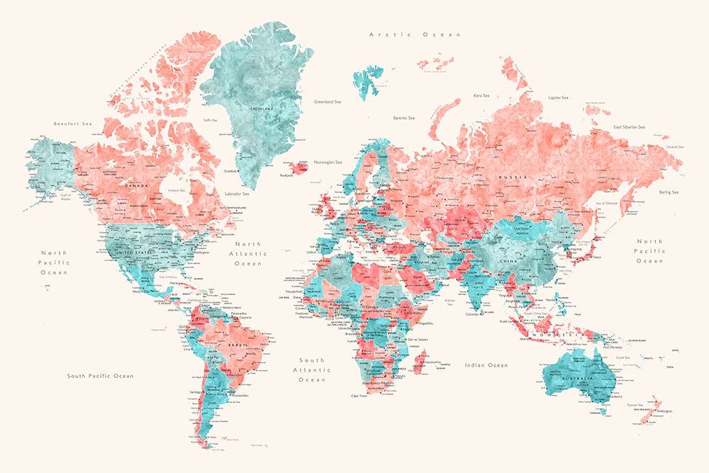Watercolor world map with cities, Charlotte art print by Rosana Laiz Blursbyai for $57.95 CAD
