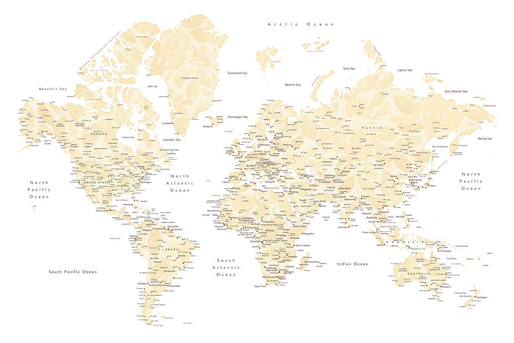 Soft florals world map with cities, Remy art print by Rosana Laiz Blursbyai for $57.95 CAD