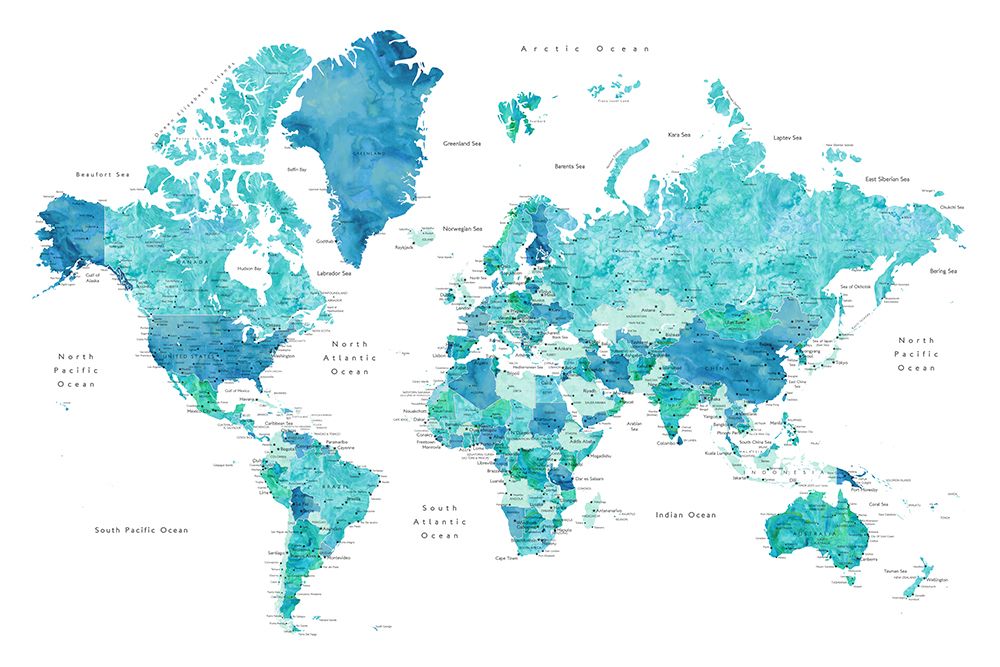 Watercolor world map with cities, Uzziel art print by Rosana Laiz Blursbyai for $57.95 CAD