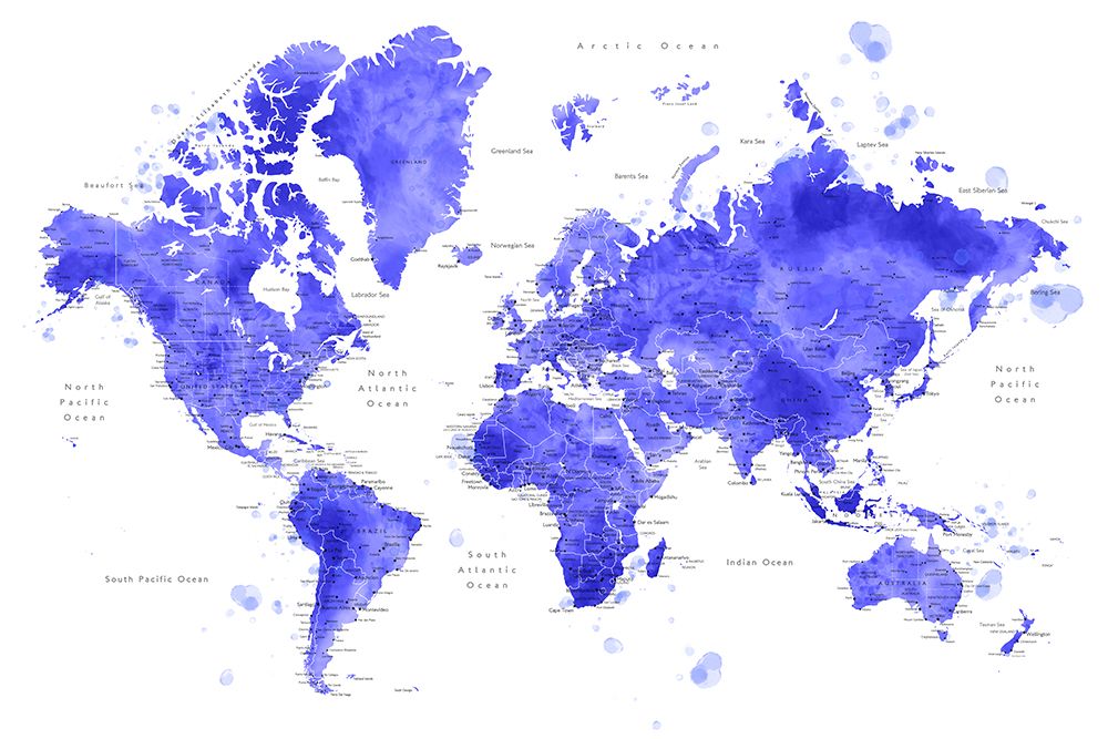 Watercolor world map with cities, Uyen art print by Rosana Laiz Blursbyai for $57.95 CAD