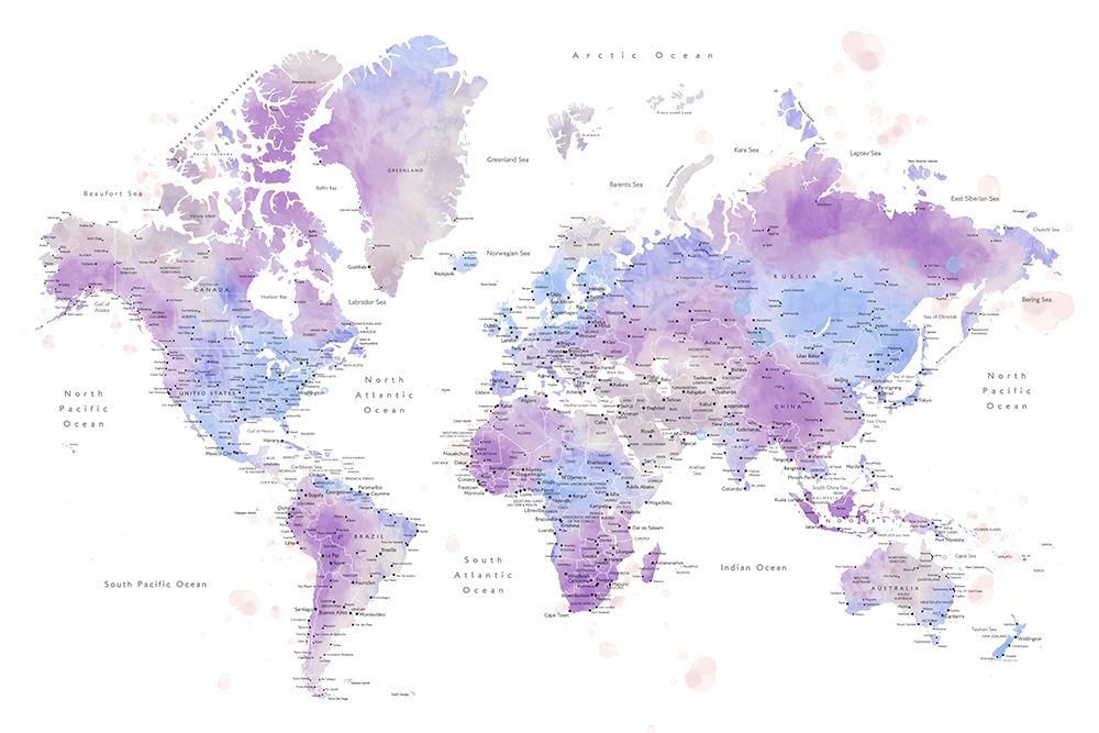 Watercolor world map with cities, Gina art print by Rosana Laiz Blursbyai for $57.95 CAD