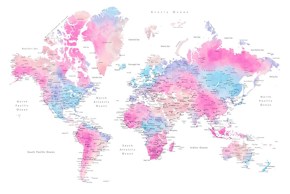Watercolor world map with cities, Keahi art print by Rosana Laiz Blursbyai for $57.95 CAD