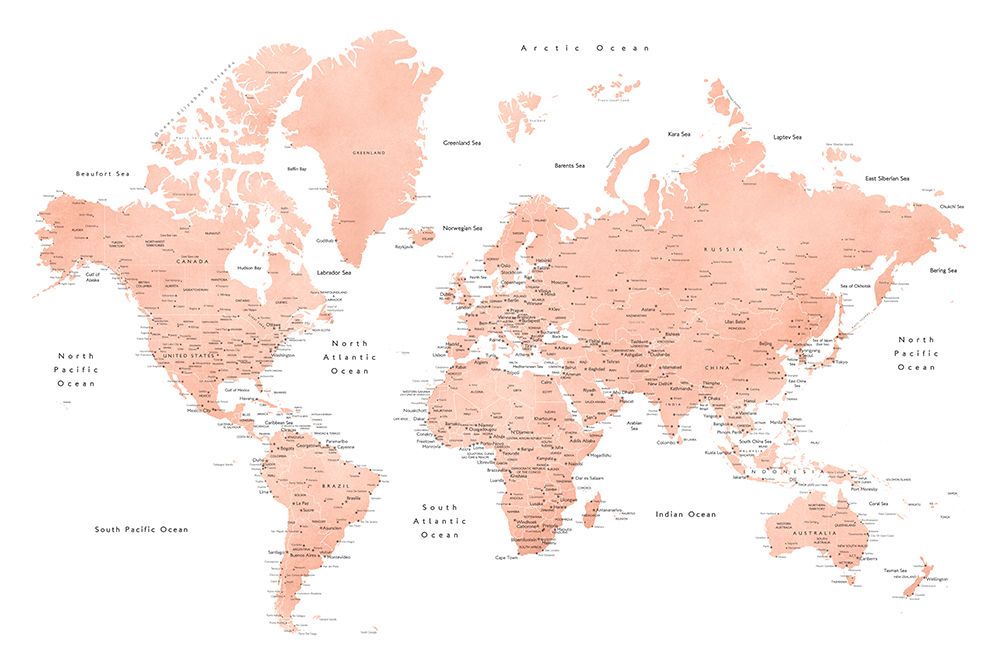 Rose gold world map with cities, Hadi art print by Rosana Laiz Blursbyai for $57.95 CAD