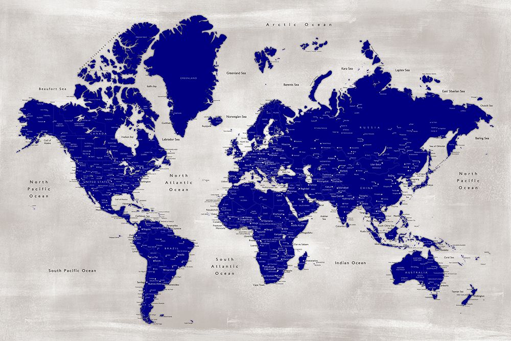 Distressed world map with cities, Delaney art print by Rosana Laiz Blursbyai for $57.95 CAD