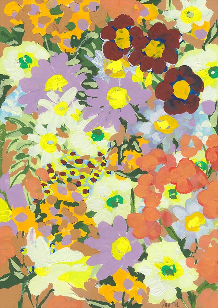 Violet daisies and orange marigold art print by Ania Zwara for $57.95 CAD
