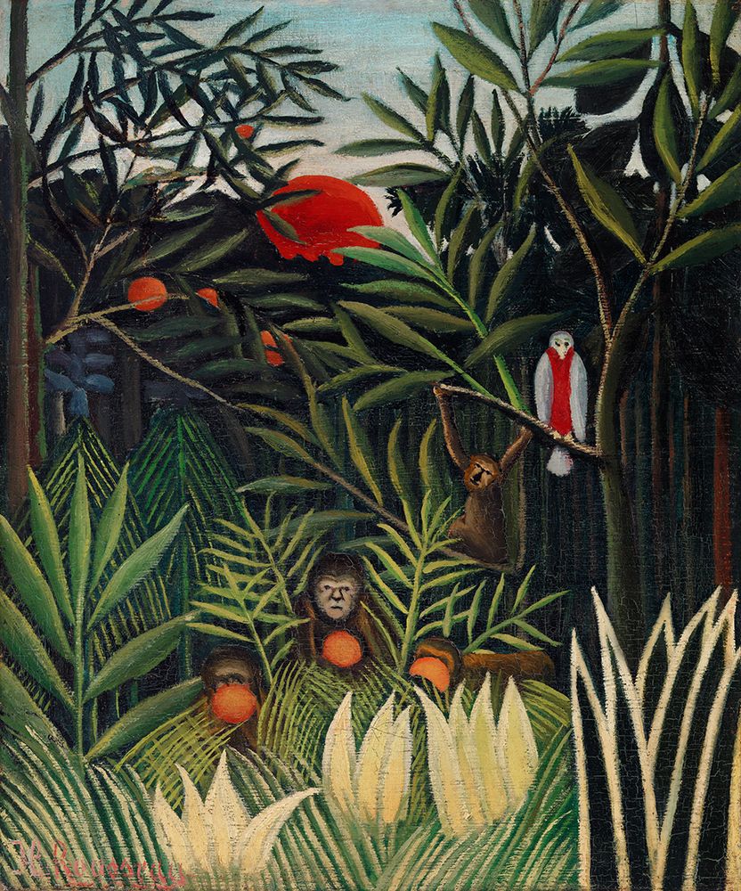Monkeys And Parrot In The Virgin Forest art print by Pictufy for $57.95 CAD