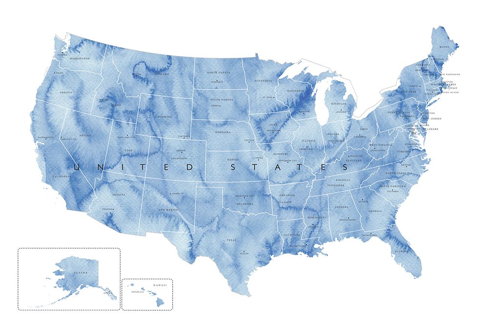 Blue watercolor map of the USA with states and state capitals art print by Rosana Laiz Blursbyai for $57.95 CAD