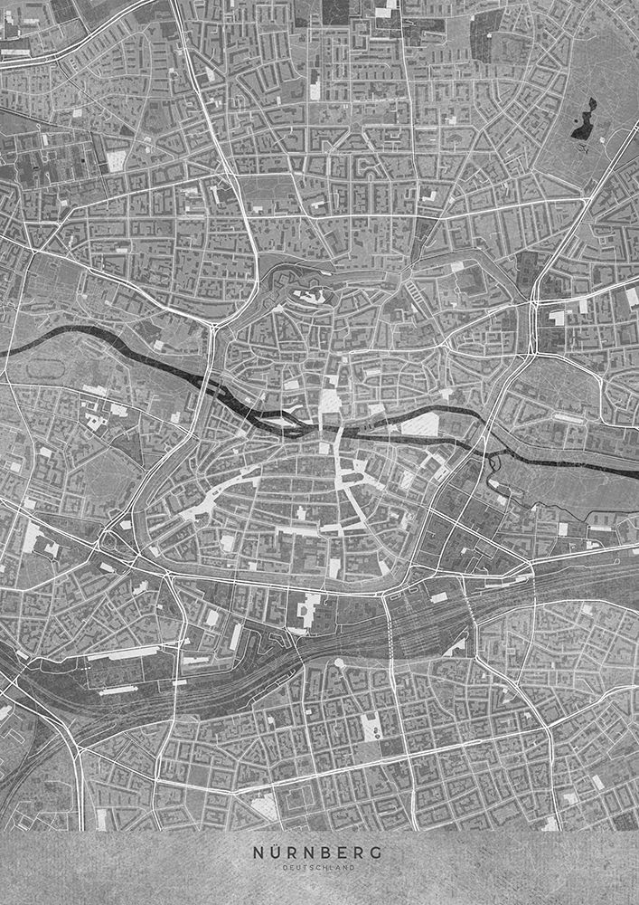 Gray vintage map of NAAndfrac14;rnberg downtown Germany art print by Rosana Laiz Blursbyai for $57.95 CAD